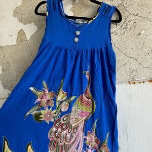 Casual Lightweight Cobalt Cotton Vintage Dress Peacock Print Summer Festival